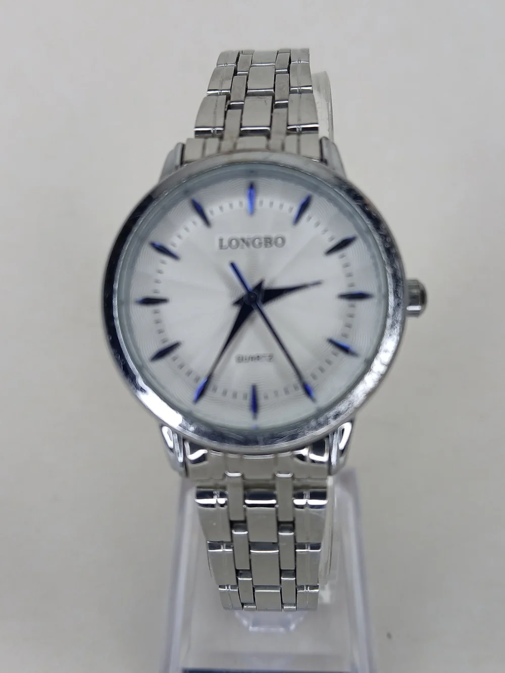 Men's Silver Stainless Steel Watch with Blue Accents